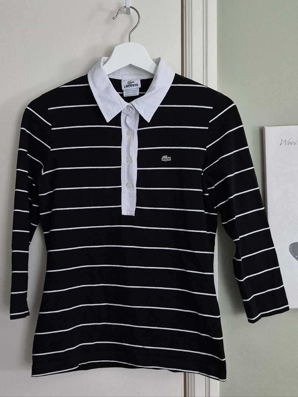Lacoste Black & White Striped Cotton Collared Shirt, Fits S-M